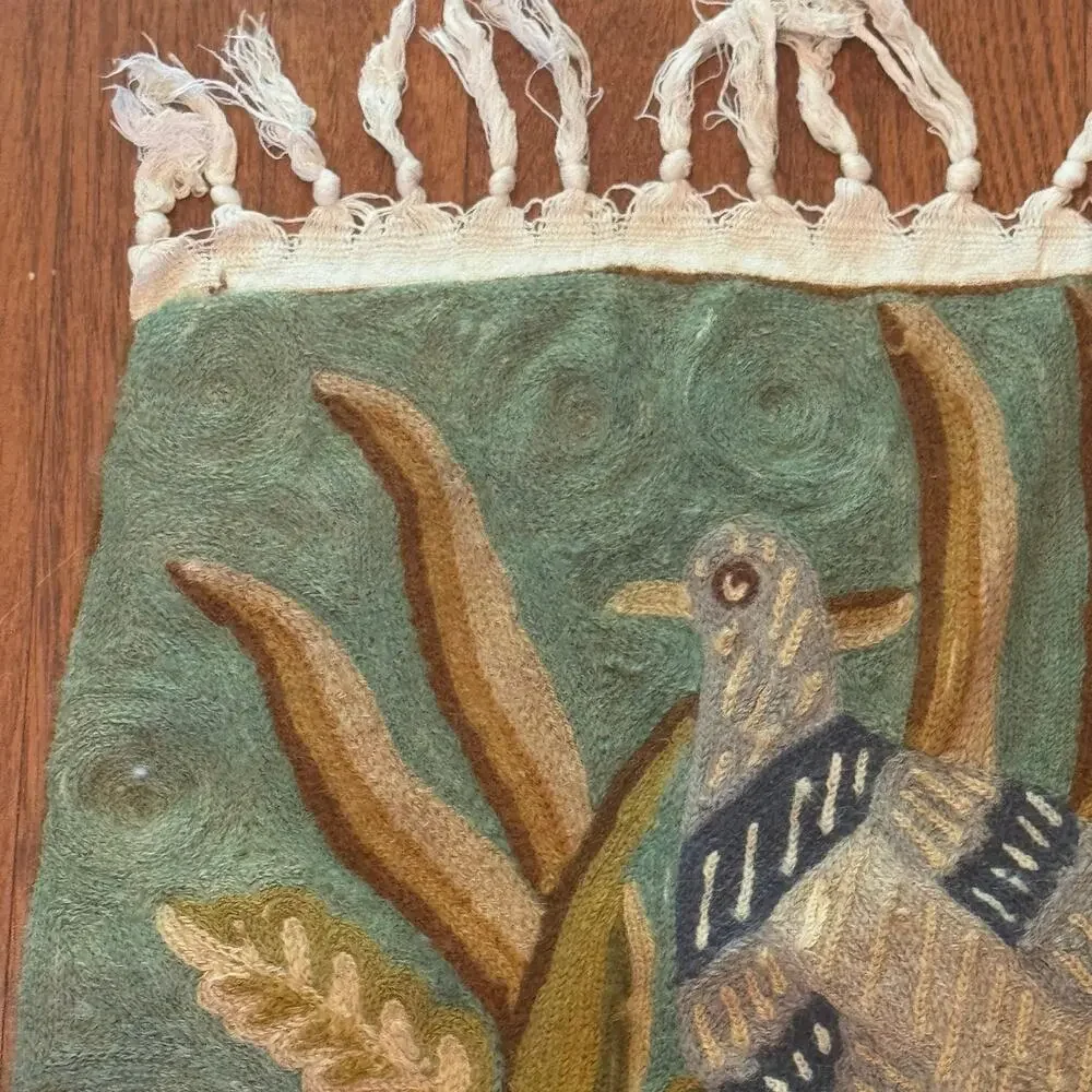 Vintage Handmade Crewel Embroidery Wildlife Bird Scene Fringed Tapestry